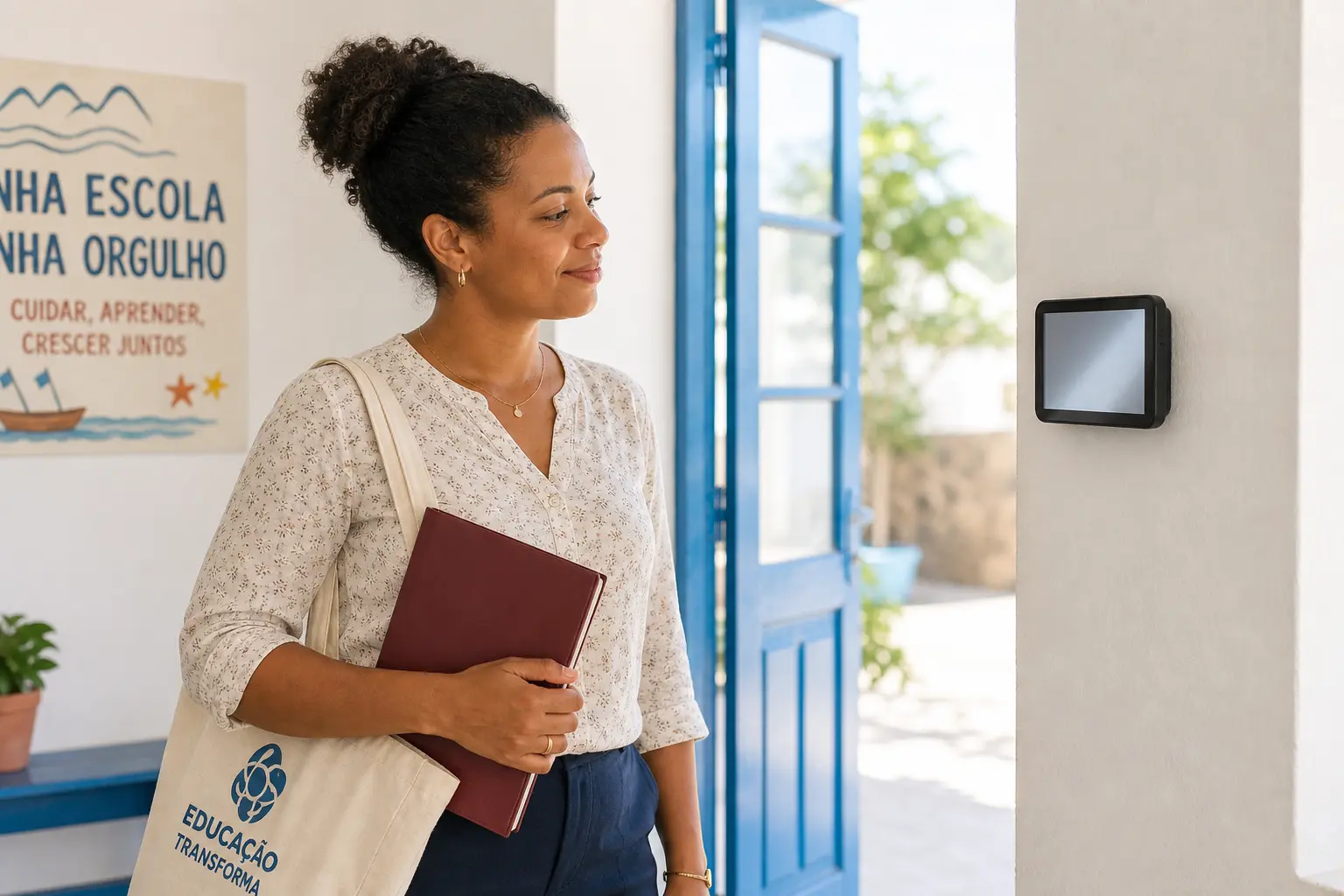 Professora a olhar para o tablet à entrada da escola