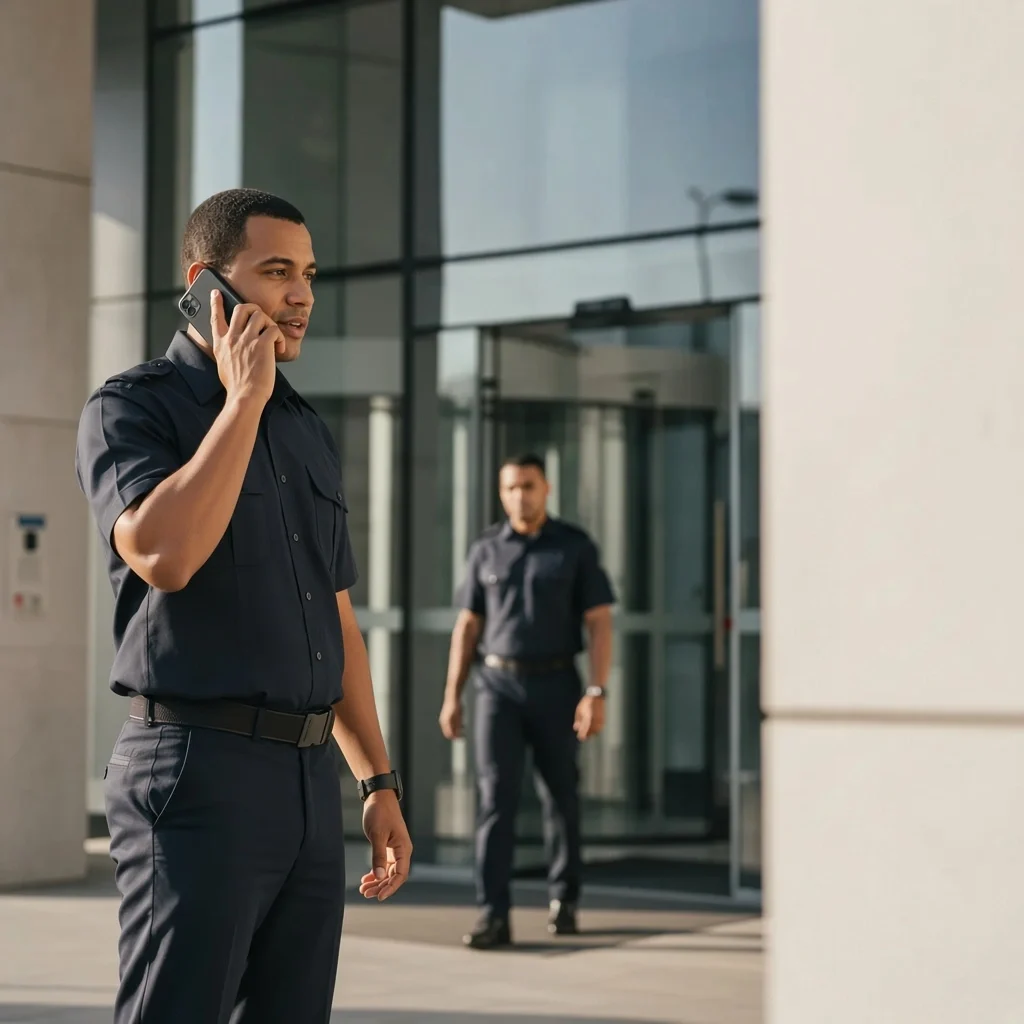 Segurança ao telefone à porta de um edifício a confirmar a chegada ao posto