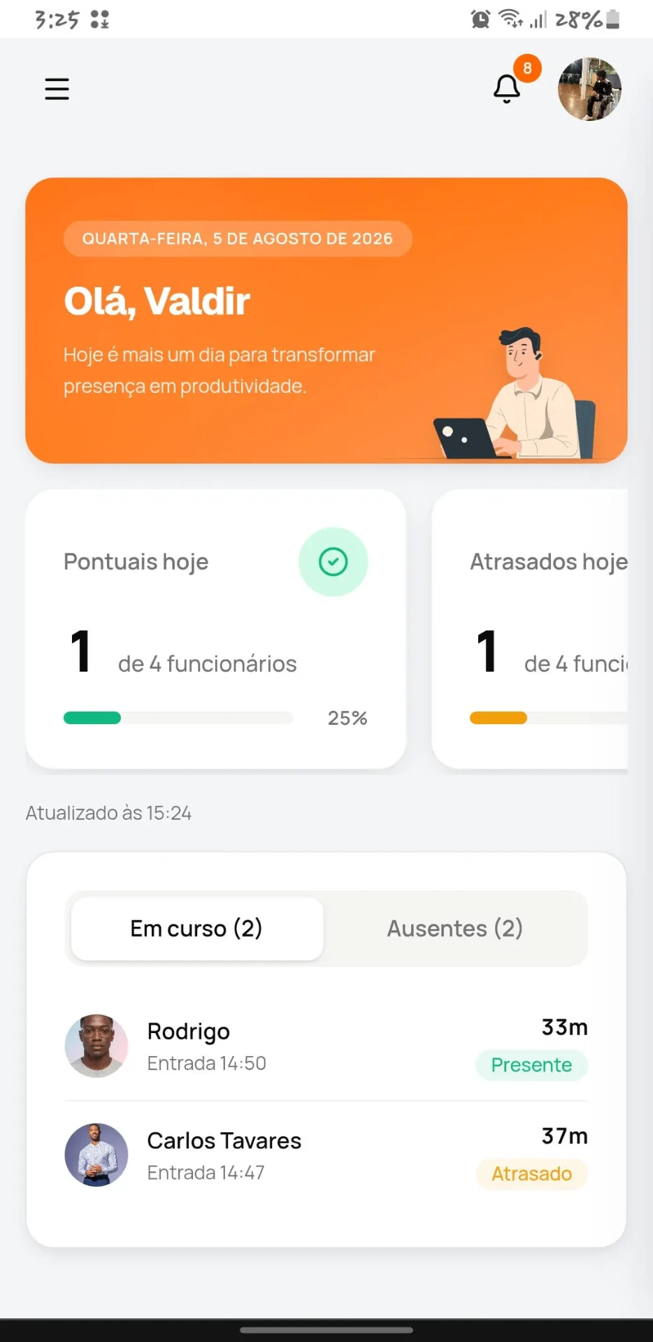 Painel de administração da OUPRA no telemóvel